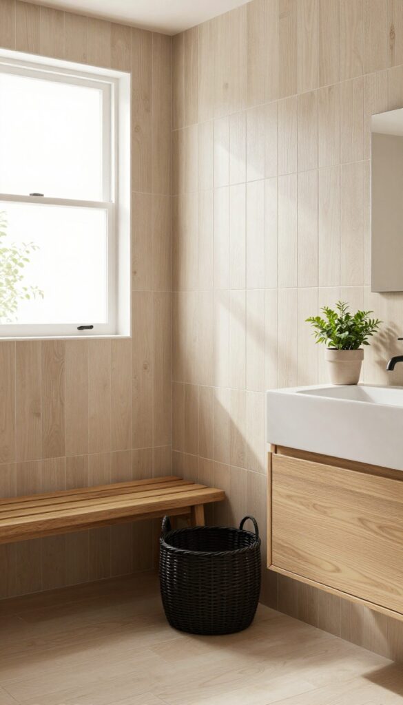 Beige wood-look tiles in a shower with natural light, matte black fixtures, and rustic decor elements for warmth and texture.