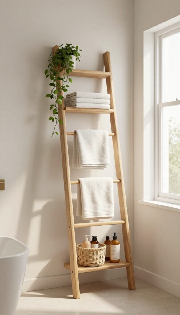 A narrow wooden ladder shelf in a bathroom corner, holding folded towels and baskets with toiletries under natural light.