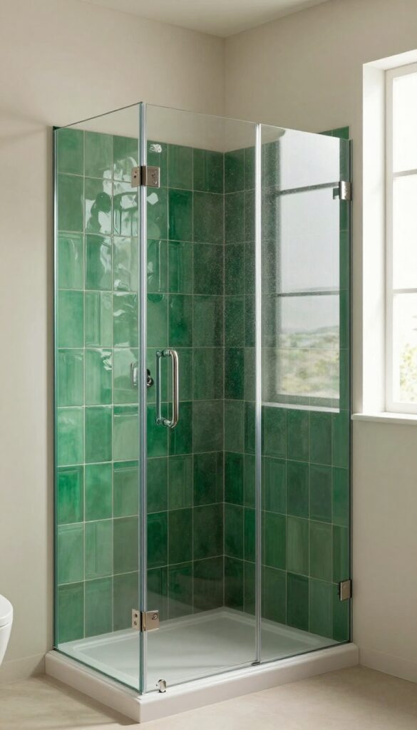 Clear glass shower with bold emerald green tile backdrop in a small bathroom corner, enhancing spaciousness with natural light and minimal decor.
