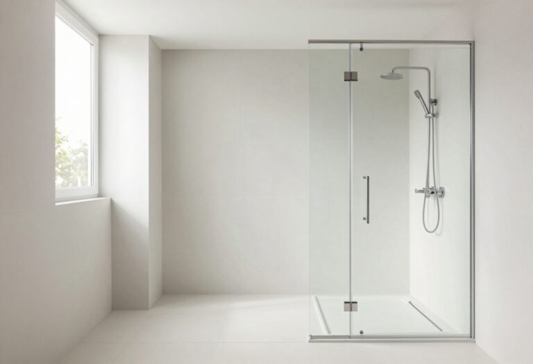 A small bathroom with a frameless clear glass walk-in shower in bright natural light, featuring minimal hardware and simple tiles for a clean, open look.