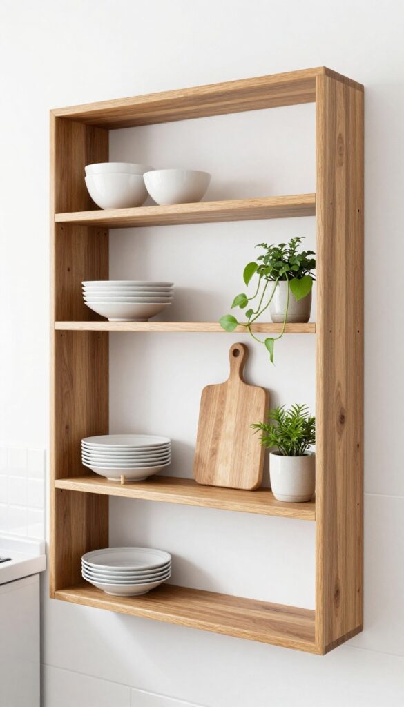 Warm wood floating shelves in a small kitchen with dishes and plants