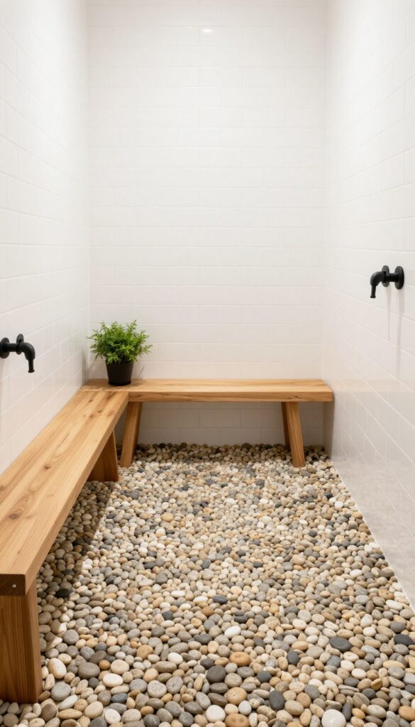 Small bathroom shower with pebble stone floor, white subway tiles, wood bench, and greenery in natural light