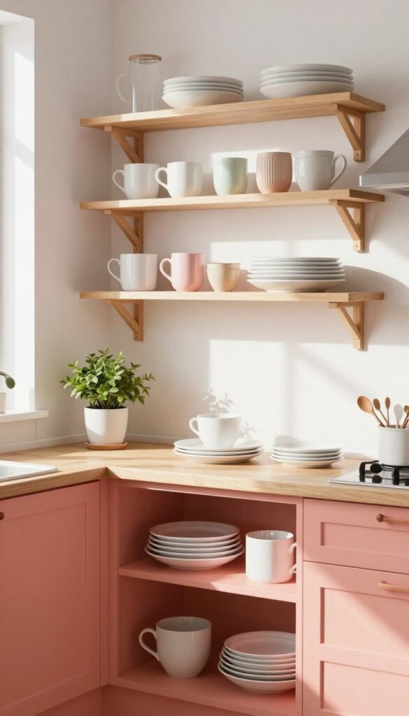 Colorful open shelving in a kitchen with coral shelves, white dishes, and a plant, bathed in natural light.