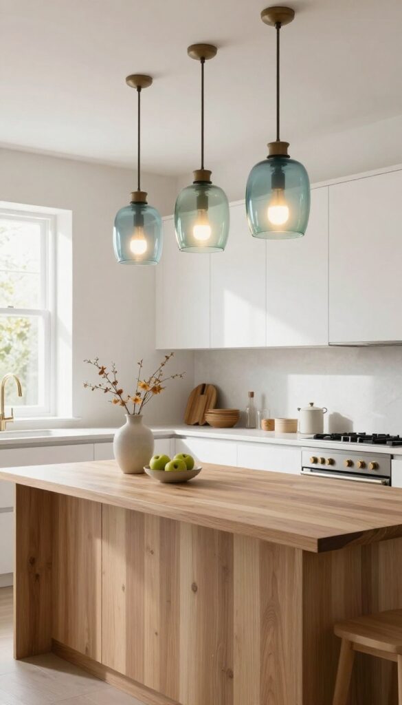 Three colored glass pendant lights in blue and green hanging over a kitchen island with white cabinets and natural wood accents.