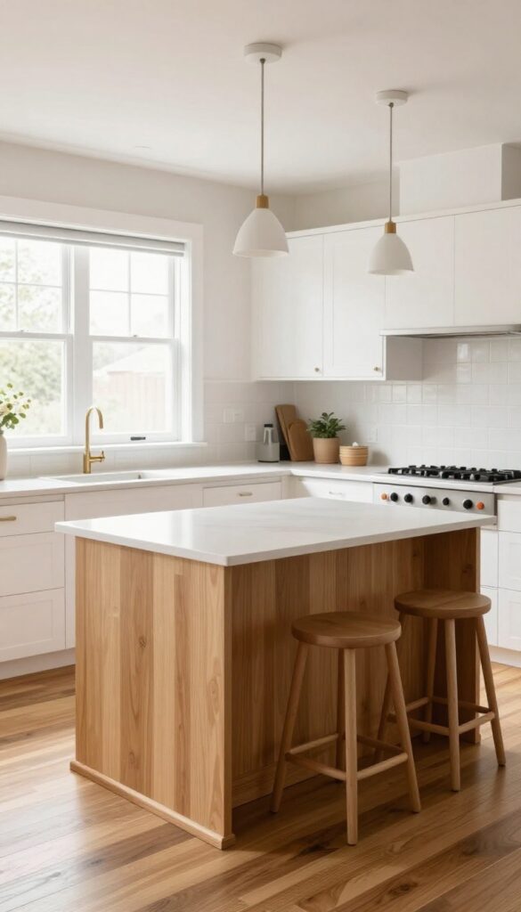 Corner kitchen island with L-shaped countertop and two stools tucked underneath, natural light, white cabinets, wood floors, pendant lights