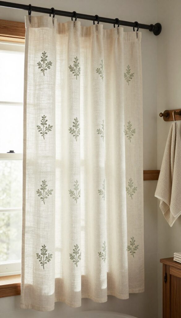 A rustic bathroom shower curtain with embroidered floral details on natural fabric, showcasing handmade elegance in warm natural light.