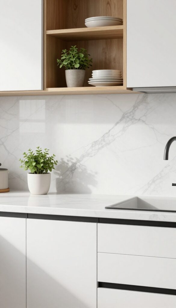 Faux marble contact paper backsplash in a bright kitchen with white cabinets, warm wood shelves, and matte black hardware.