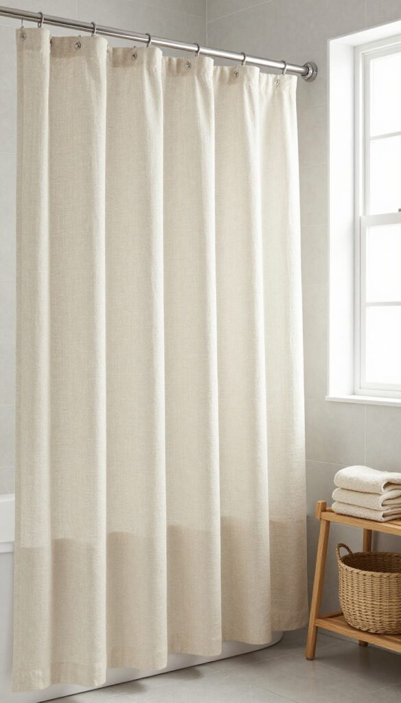 A soft beige linen shower curtain in a bright bathroom with gray tile and natural light, paired with wood accents for a warm, relaxed look.
