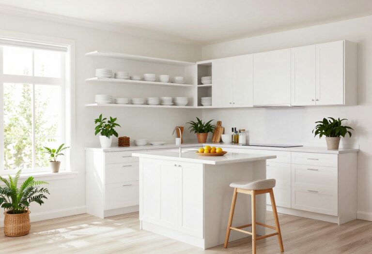 Modern small kitchen with white cabinets and open shelving