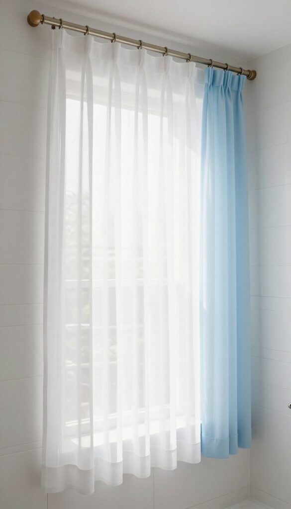 A photorealistic image of layered sheer and solid extra long shower curtains in a bright bathroom, creating a soft light effect for a serene and airy space.