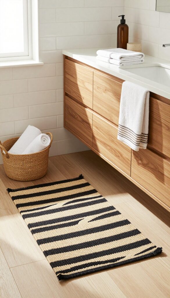 A bright bathroom with zebra-stripe bath mat and ikat-patterned towel on neutral background
