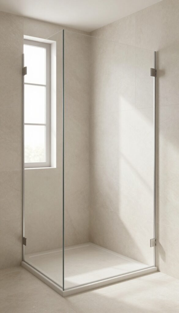 Interior photo of a standing shower featuring large-format tile in warm neutral tones for a clean, modern look with bright natural lighting.