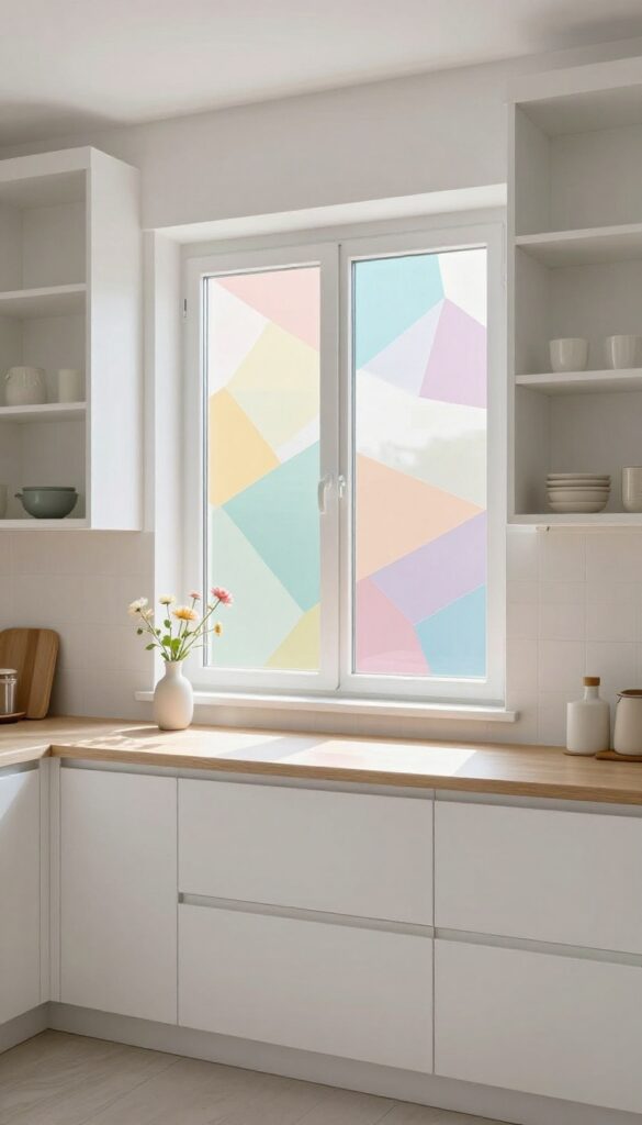 Whimsical window film in a bright kitchen with white cabinets, open shelving, and colorful light patterns cast by the film.