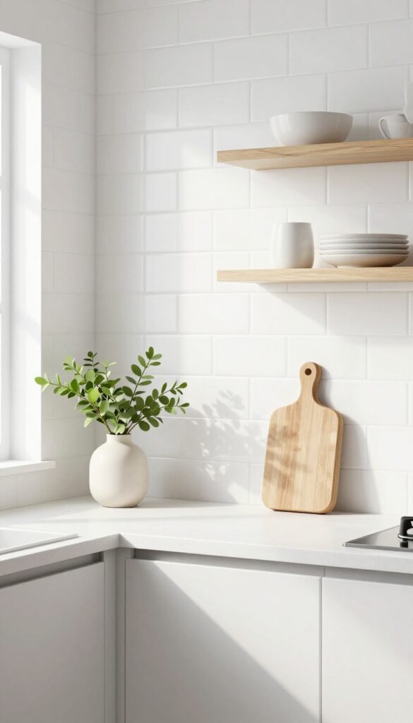 Kitchen with tile-look wallpaper backsplash, open shelving, and natural light