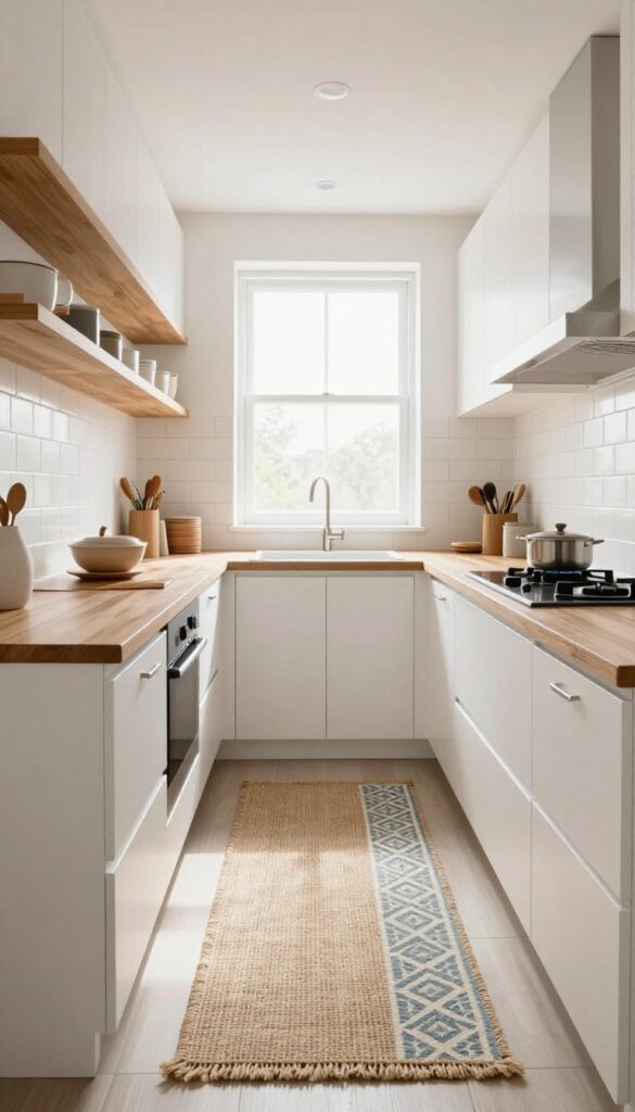 Layered jute and cotton runners on a kitchen floor in a bright, modern galley kitchen.