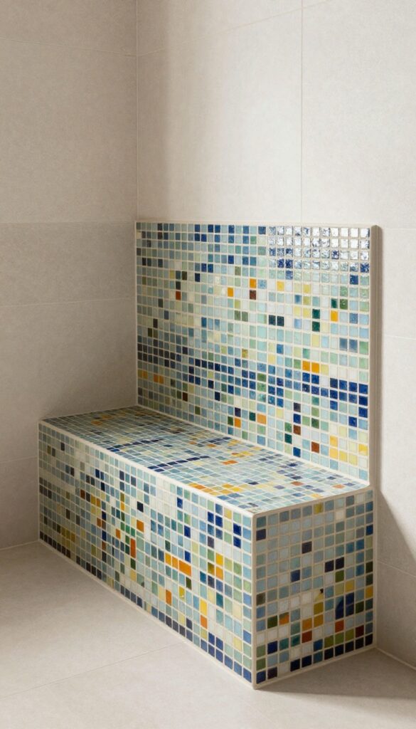 A mosaic tile bench in a shower with vibrant patterns against neutral walls, serving as an artful focal point in minimalist bathroom decor.