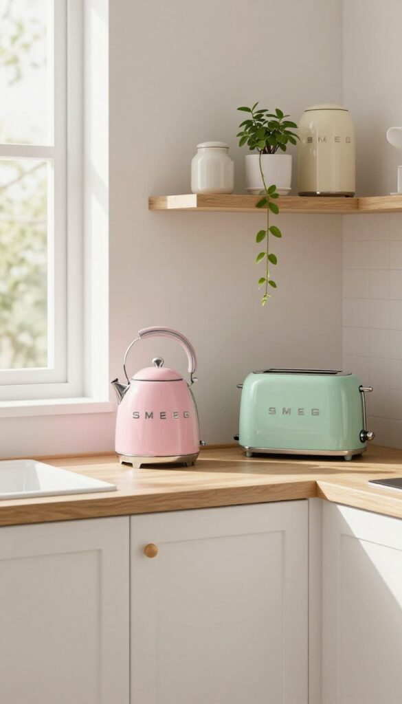 Pastel Smeg appliances displayed on open shelving in a bright kitchen