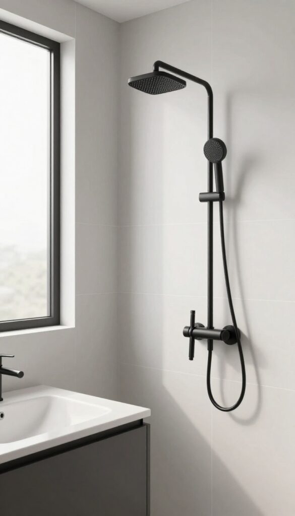 A bright bathroom with a modern shower enclosure featuring color-coordinated matte black hardware that matches the room's dark accents and neutral palette for a cohesive look.