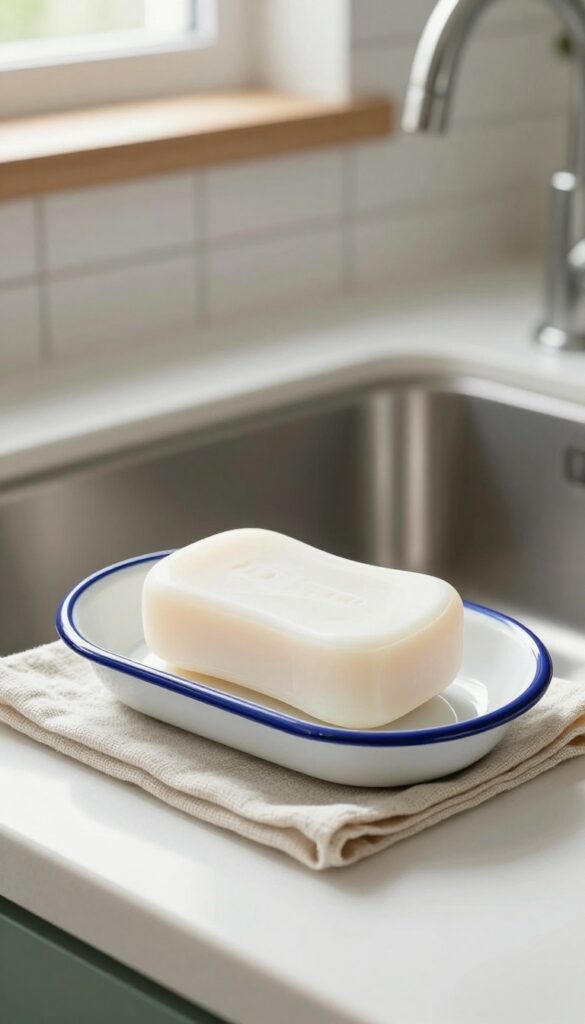 Vintage-style enamelware soap dish with blue rim beside kitchen sink