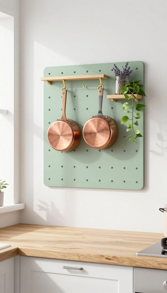 Sage green pegboard on kitchen wall with brass hooks holding copper pot, wooden utensils, and a small shelf with dried lavender and trailing plant