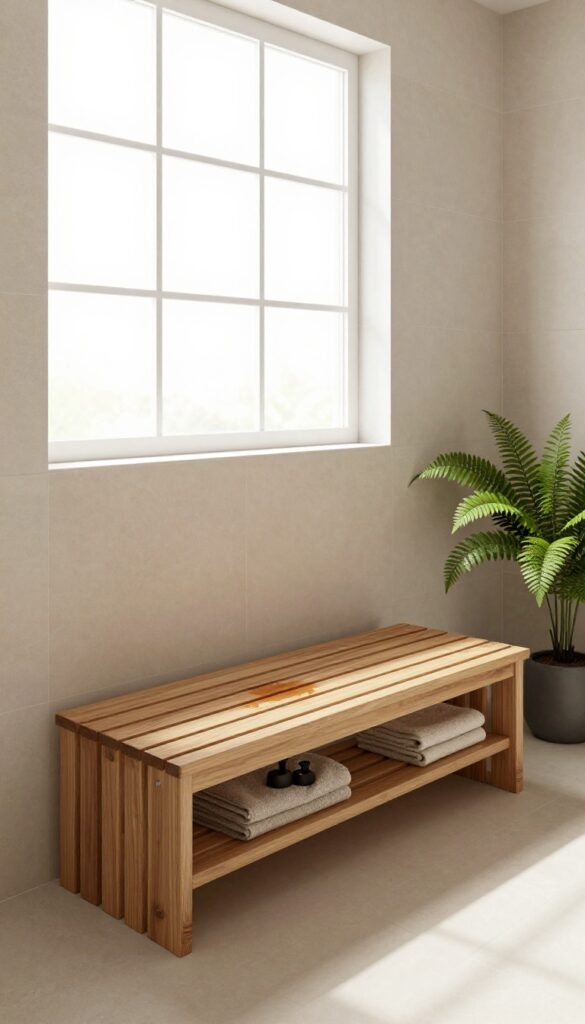 A floating teak bench with slatted design in a modern shower, featuring natural light, minimalist style, and spa-inspired decor.