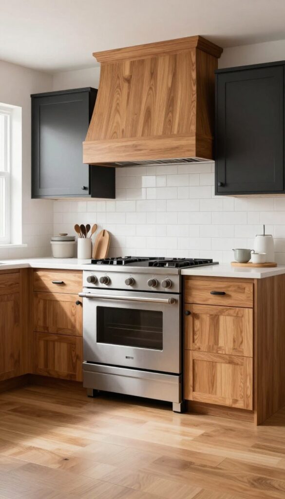 Modern kitchen with warm wood-paneled range hood, white subway tile backsplash, and matte black cabinets.