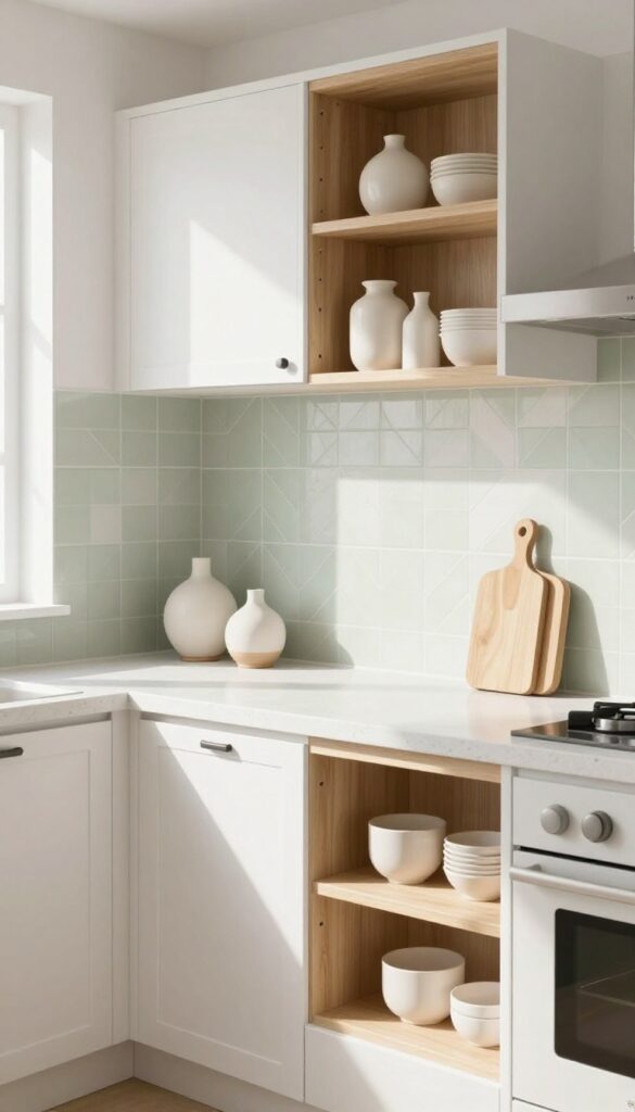 Bright kitchen with white cabinets and a sage green herringbone patterned tile backsplash