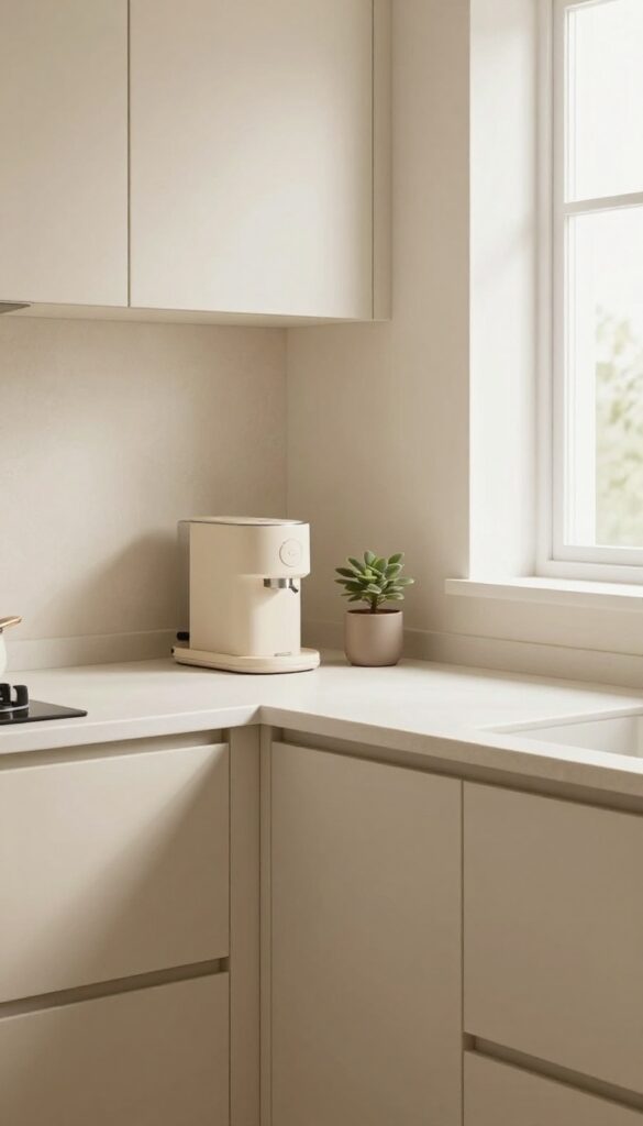 Minimalist beige kitchen with clutter-free countertops featuring a coffee station, utensil crock, and small plant