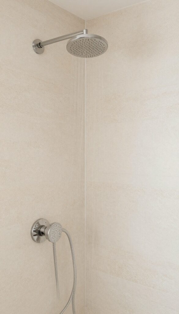 Close-up of textured stone panels in a modern bathroom shower, showcasing natural variation and easy installation for a spa-inspired look.