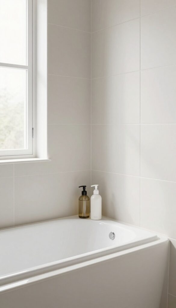 A built-in tile niche or faux shelf in a bathroom, organizing shampoo bottles next to a bathtub and shower combo under bright natural light.