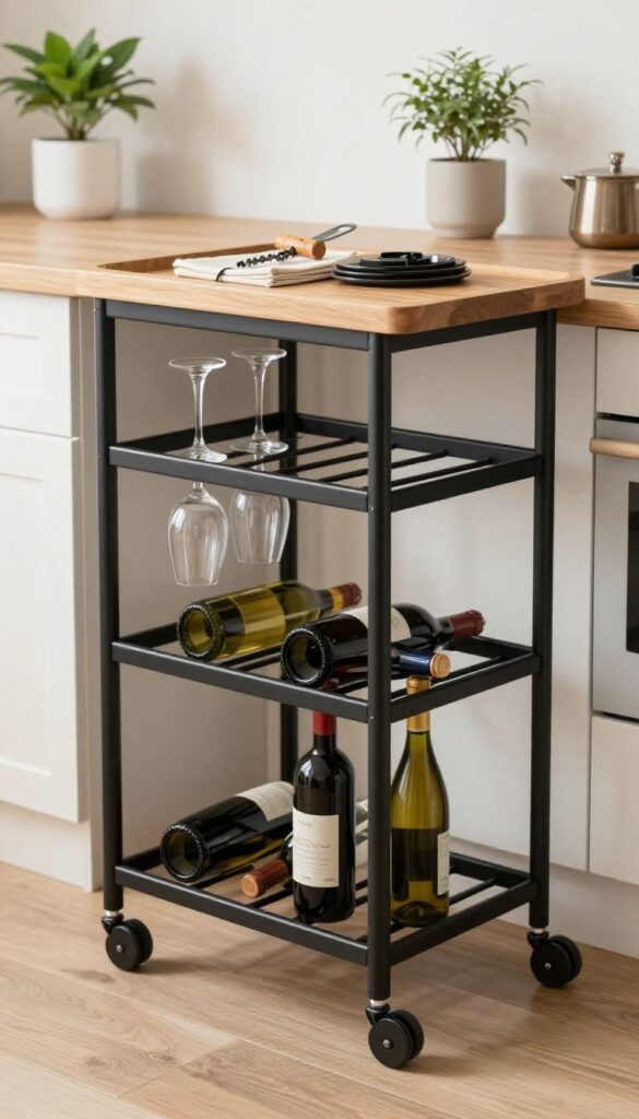 A warm wood and black metal kitchen trolley with wine rack and stemware holders, styled with wine bottles, glasses, and plants in a bright kitchen.
