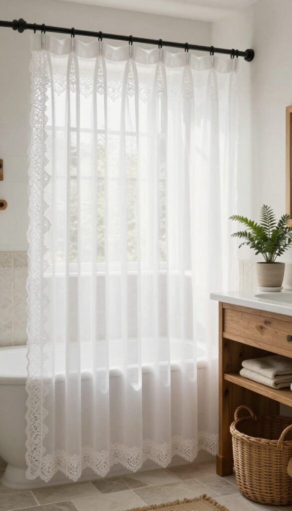 A minimalist lace-trimmed white shower curtain in a farmhouse bathroom with natural light filtering through.