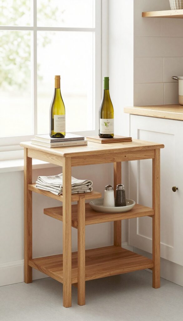 Nesting tables in a small kitchen with shelves for storage