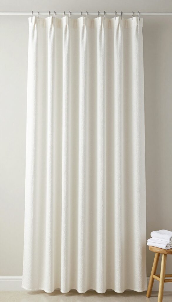A tall white waffle weave shower curtain in a bright, clean bathroom with matching towels and minimal decor, showcasing texture and simplicity.