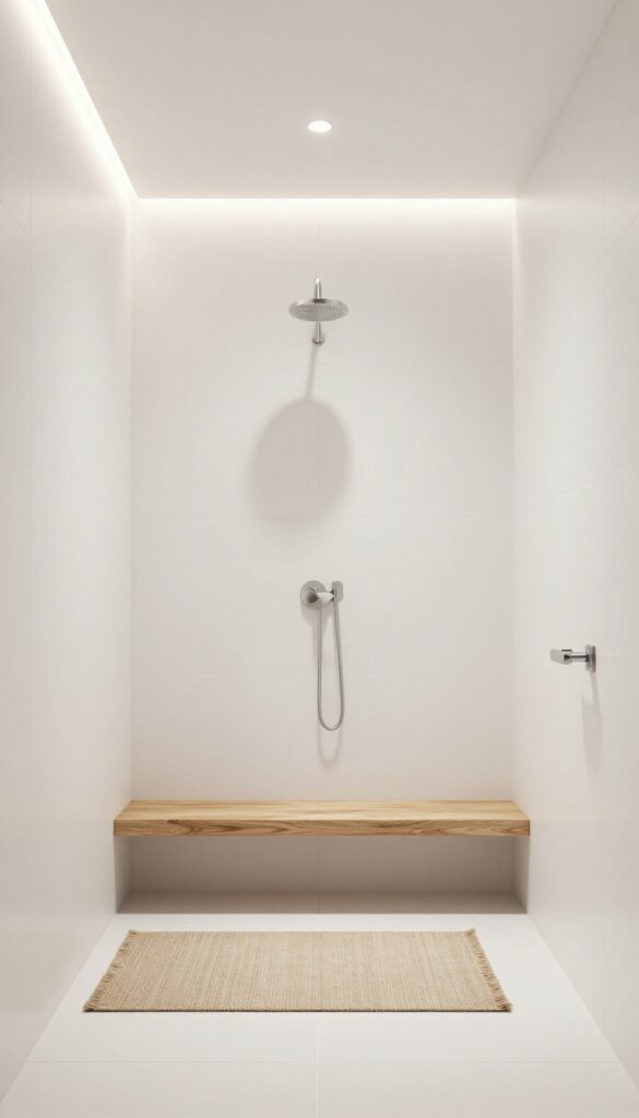 A modern curbless shower with white tiles, wooden accents, and natural lighting for seamless bathroom flow.