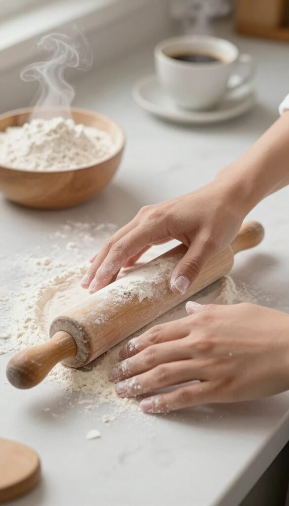 Hands dusted with flour reaching for a rolling pin on a marble countertop, with steam rising from coffee in the background.