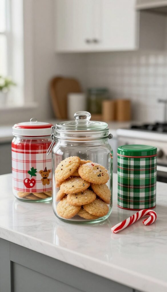 A glass cookie jar filled with cookies and candy canes on a kitchen counter, alongside festive red and green canisters.