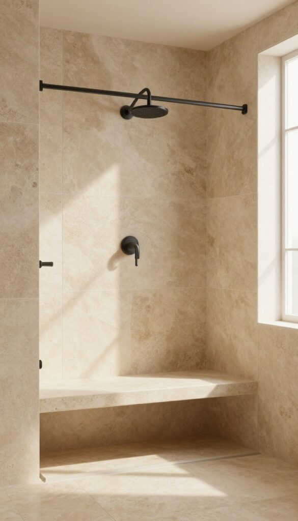 A curbless shower with textured stone tiles in warm earthy tones, featuring matte black fixtures and minimal decor, creating a cozy and safe bathroom retreat under natural light.