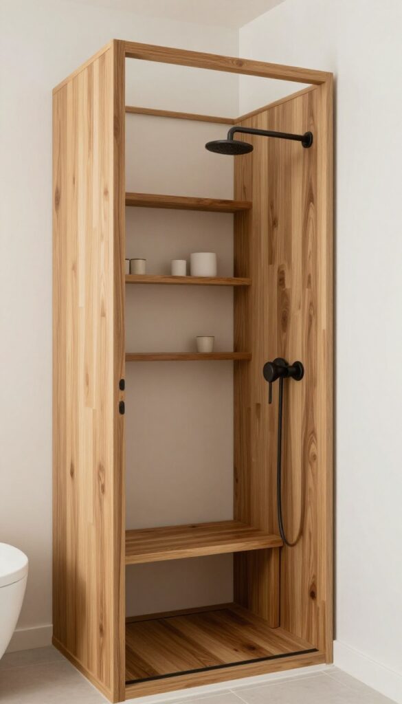 Modern bathroom with standing shower, showcasing warm wood accents like a teak bench and shelving for a cozy, inviting atmosphere.