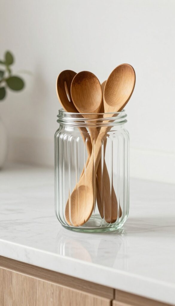 Tall glass jar filled with wooden utensils on a kitchen counter corner