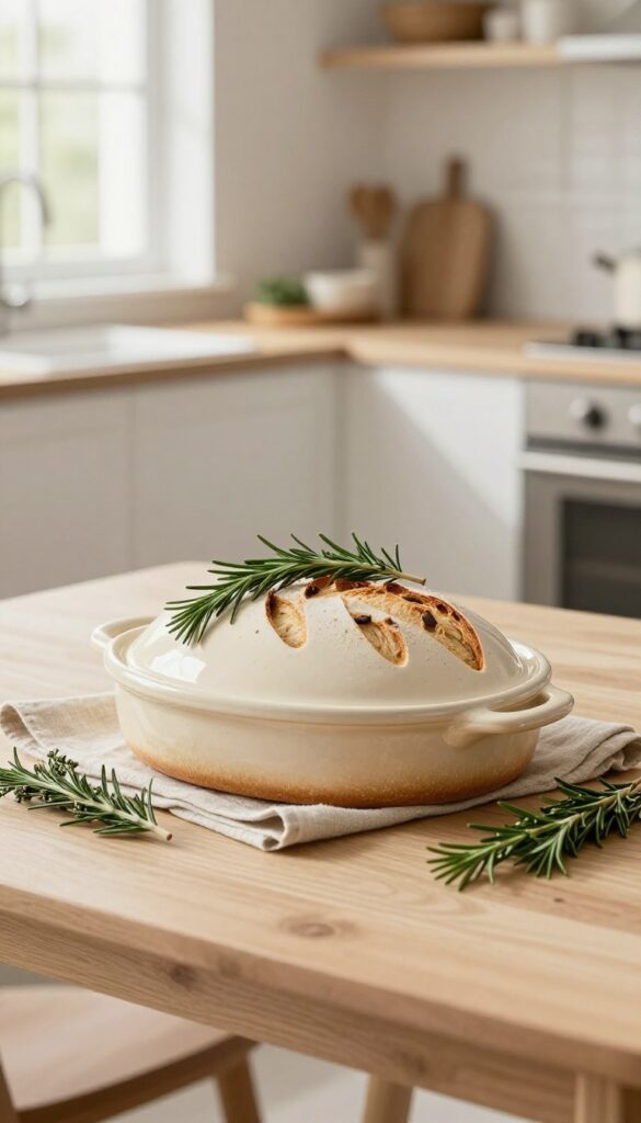 Ceramic bread baker filled with fresh herbs on a kitchen table