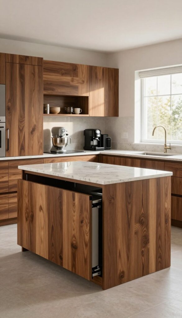 Espresso kitchen island with built-in appliance garage, lift-up door open showing stand mixer and coffee maker, light countertop, bright natural light