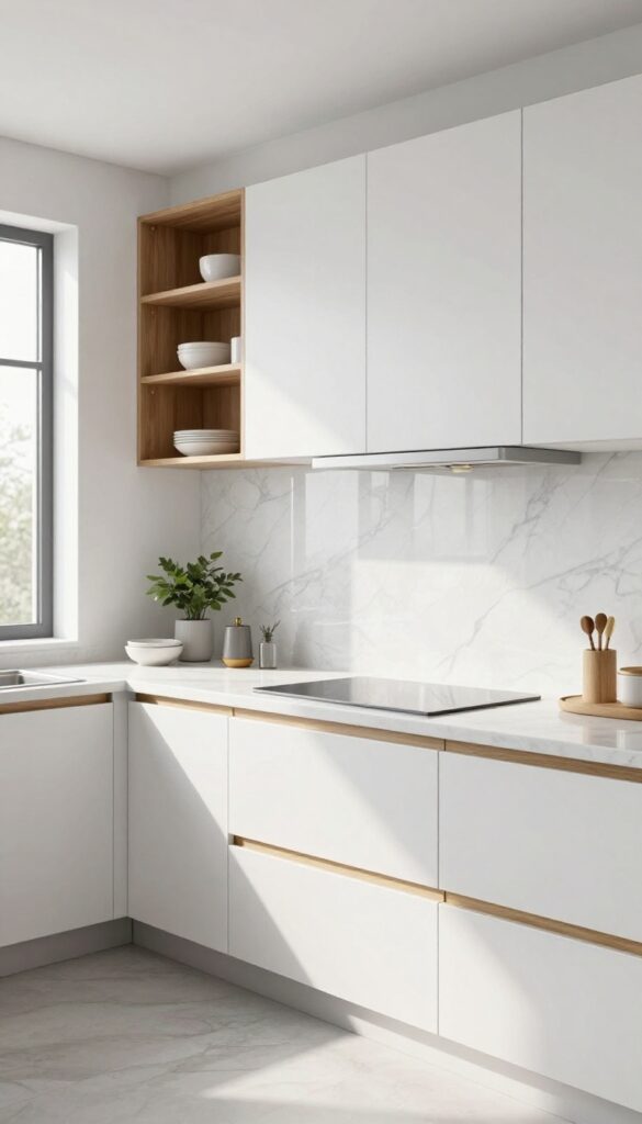 Glossy large-format porcelain slab backsplash in a modern kitchen with matte white cabinets and warm wood shelving.