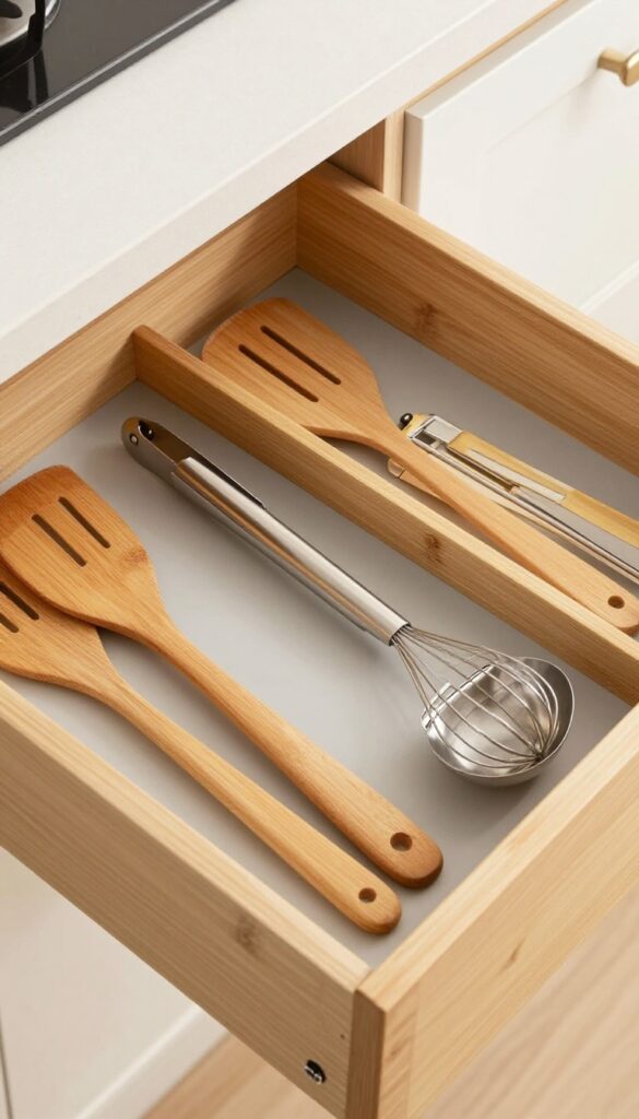Organized kitchen drawer with bamboo dividers holding cutlery and tools