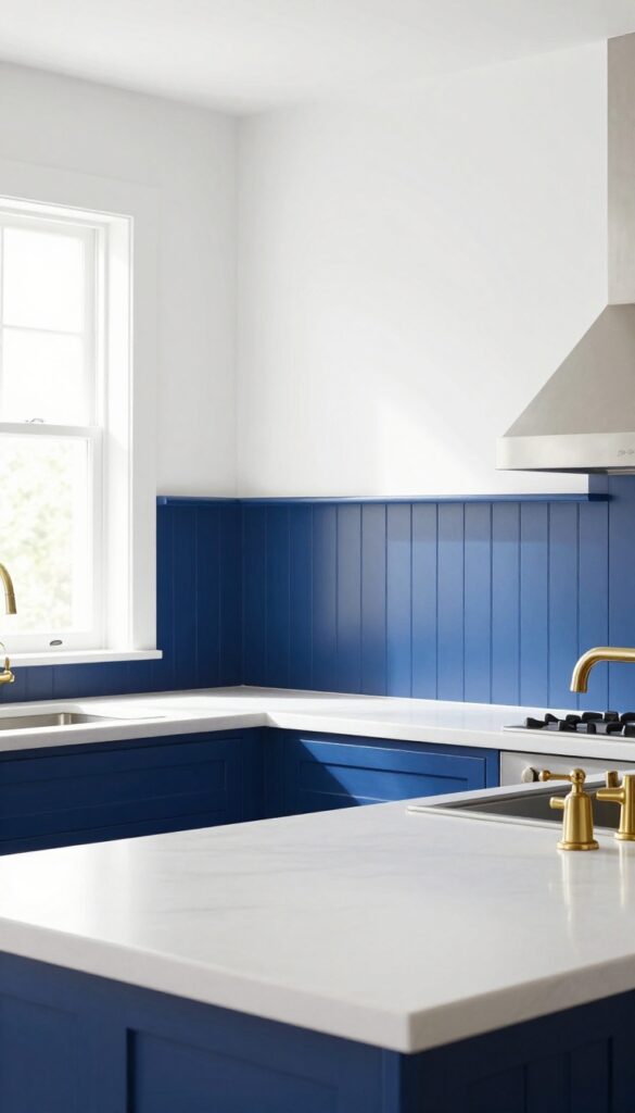 Two-tone bead board backsplash in a bright kitchen with navy blue lower half and white upper half, white quartz countertop, brass faucet, natural light.