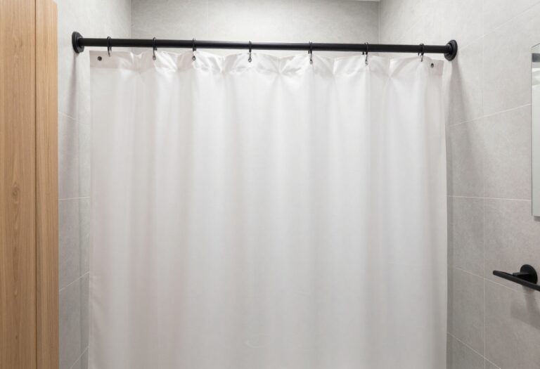 Modern bathroom with a black matte shower curtain rod and white curtain against light gray tiles and wood accents