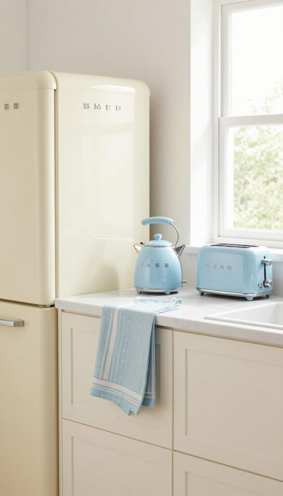 Cream Smeg appliances with pastel blue kettle in bright kitchen