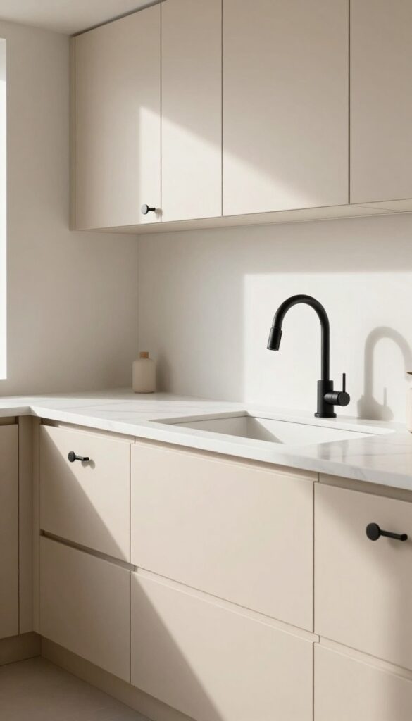 Modern beige kitchen with matte black hardware on cabinets and faucet