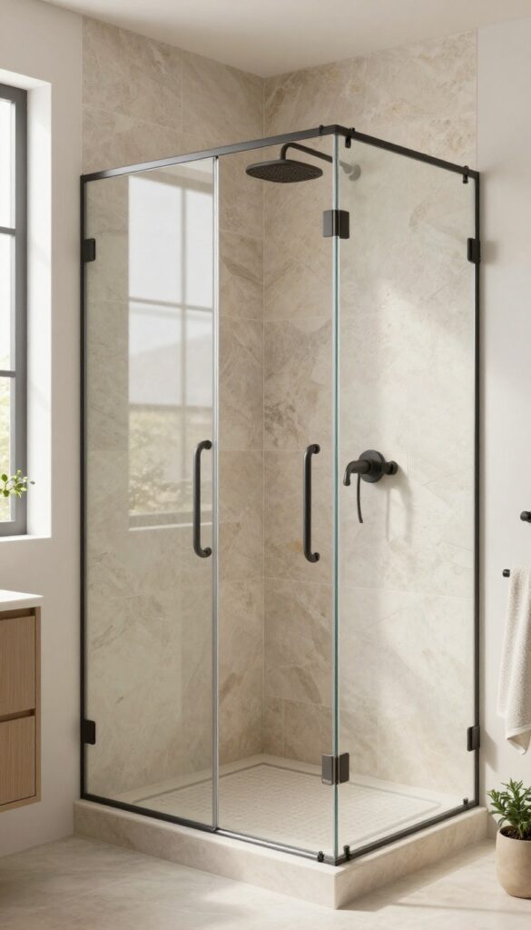 A photorealistic image of a spa shower featuring natural stone tiles like slate or marble in a bright bathroom with clean composition and minimal decor.