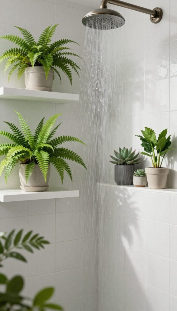 A bright bathroom with a rainfall shower surrounded by lush green plants on shelves for a fresh, natural look.
